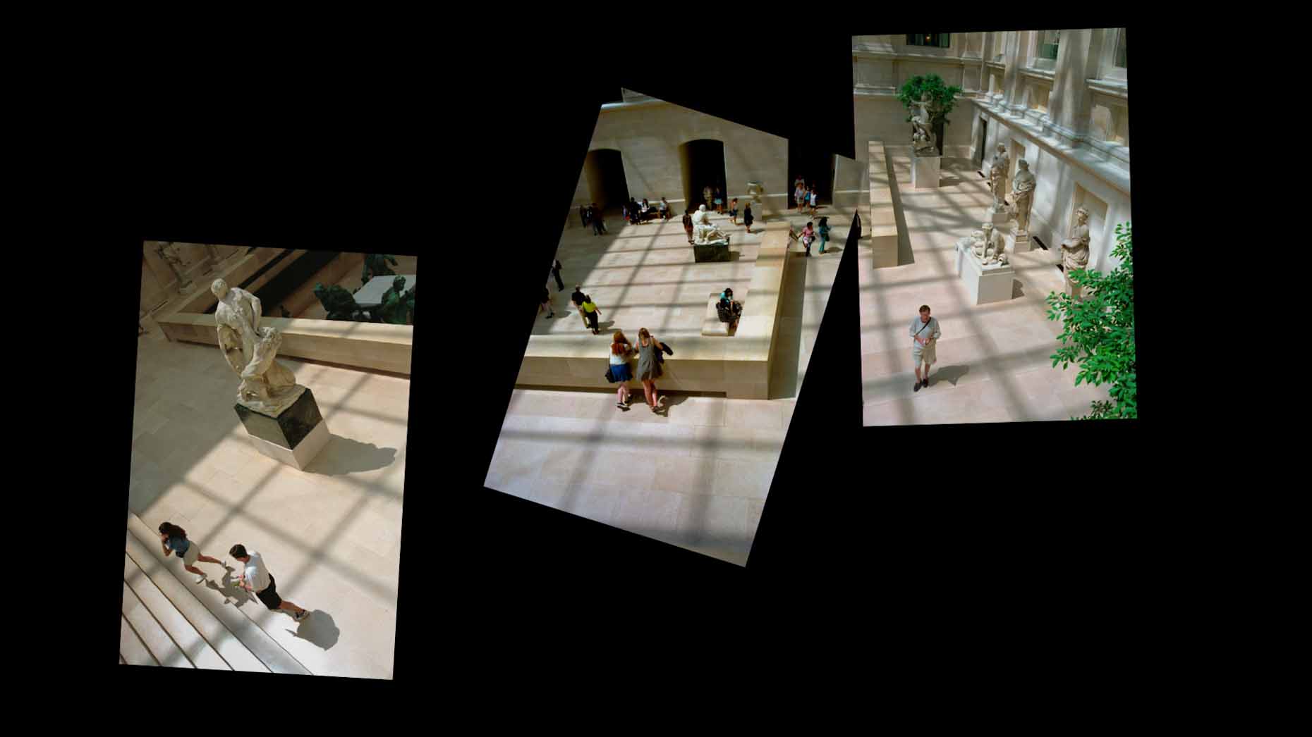 "Louvre, People as Statues", Paris France, 1997, Contemporary Art Photography,  Sequence Photography, Triptych Photography,  Color Film Photography