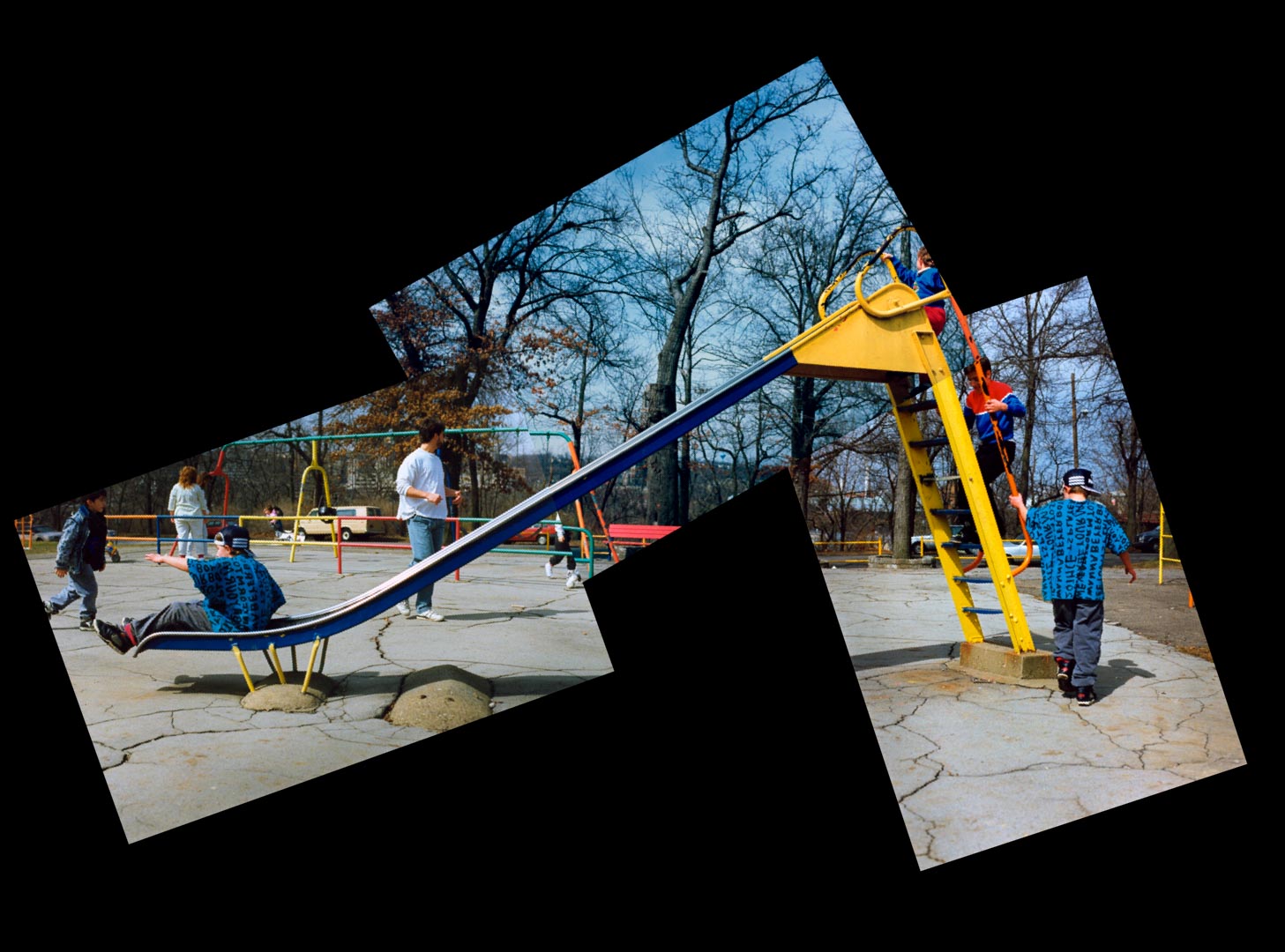"Boy on the Slide", 1990, © Lewis Rogers, Contemporary Art Photography,  Contemporary Photography, Color Film Photography, 20th Century Photography, Photo-Sequence, Diptych Photography, Polyptych Photography,Triptych Photography, Postmodern Photography, 1990’s Photography, Constructivism Photography