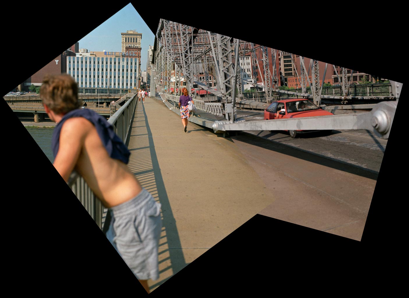 "Man on the Smithfield Bridge" Pittsburgh, Pennsylvania, Retinal Memories Series  1994, Contemporary Art Photography,  Sequence Photography, Color Film Photography